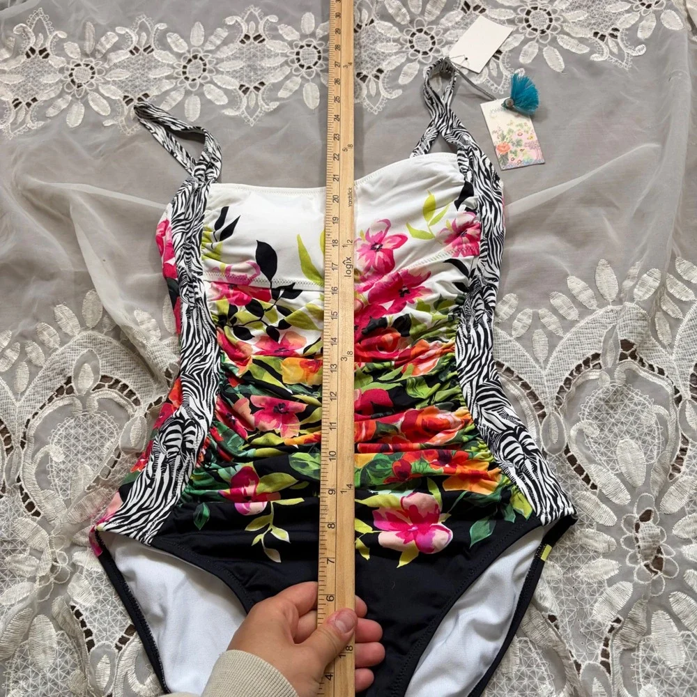 Johnny Was California Floral Zebra Ruched One Piece Swimsuit Multicolor Medium